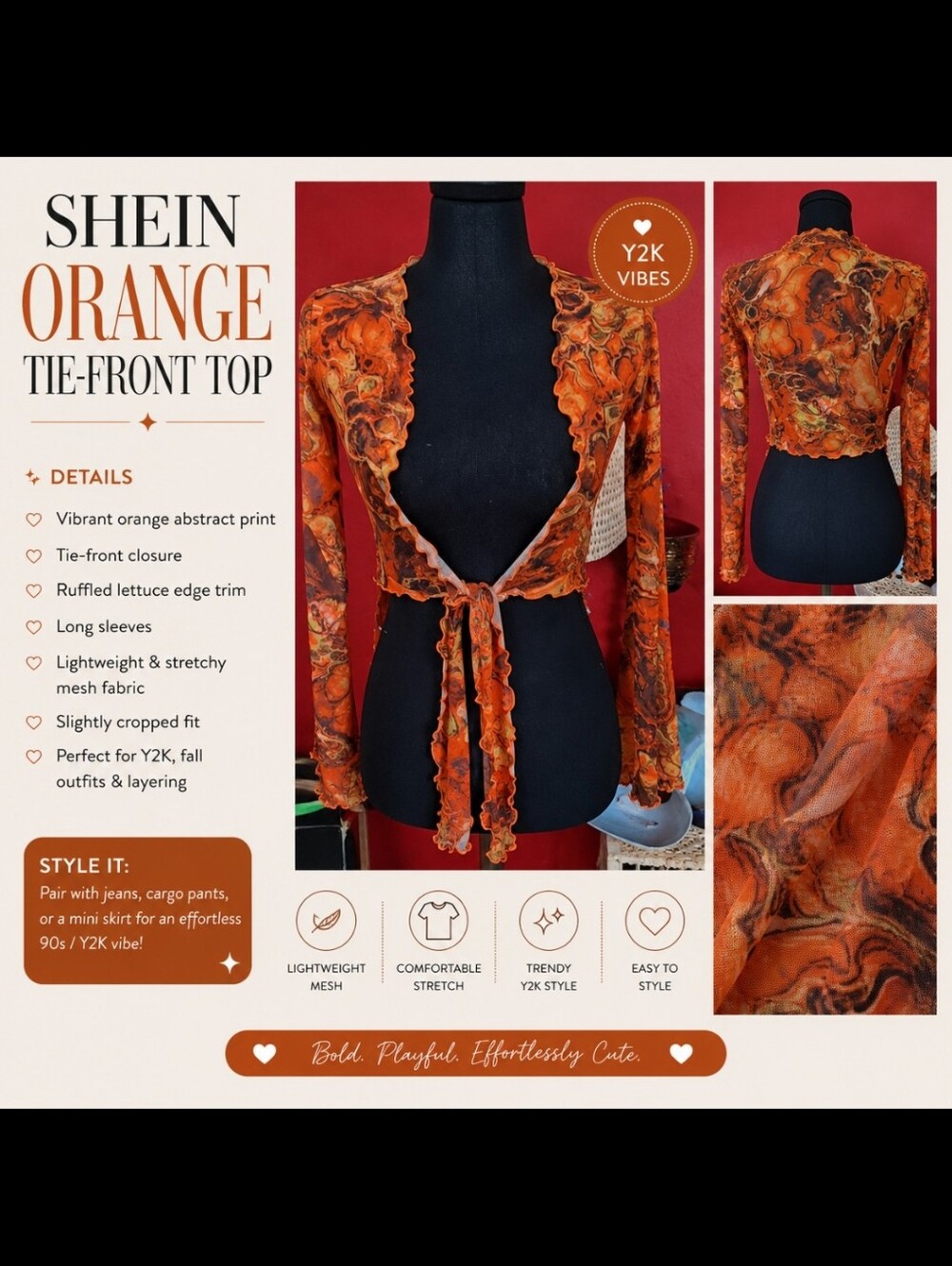 SHEIN Orange Tie-Front Top